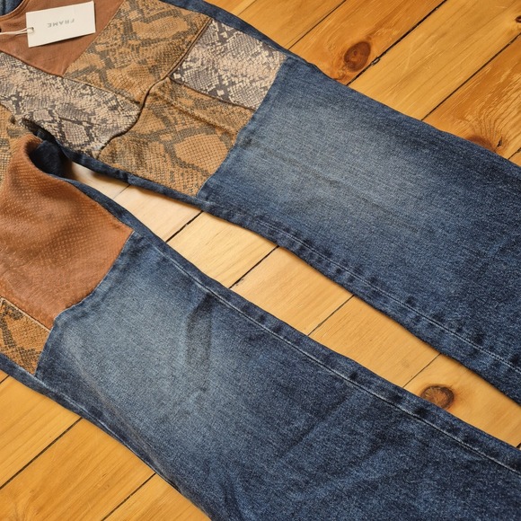 Frame Denim Blue Jeans with Leather and Snake Print Accents - Picture 12 of 16